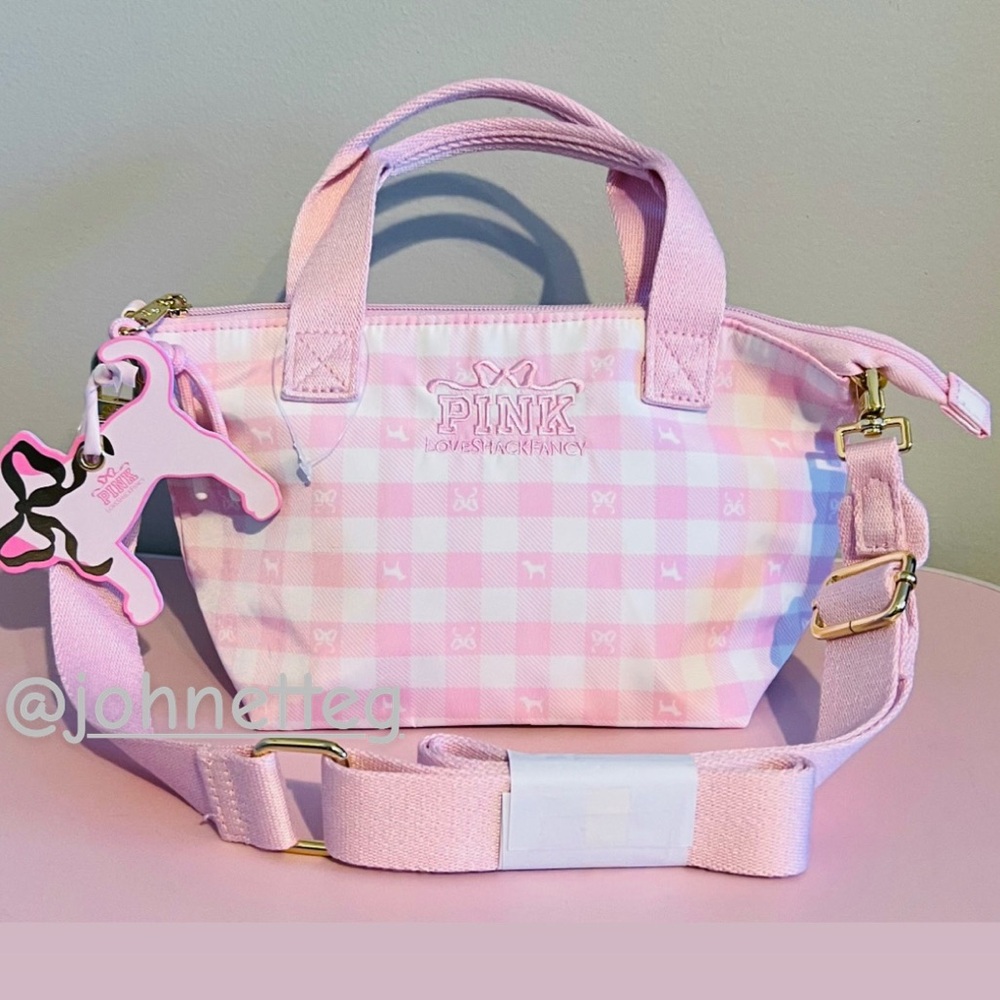 👛PINK × LoveShackFancy Mini Tote Bag Iconic Gingham Crossbody Pink White Preppy